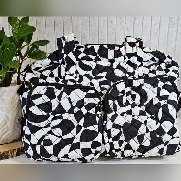 Black White Quilted Satchel Tote Bag with Shoulder Strap - Picture 1 of 2